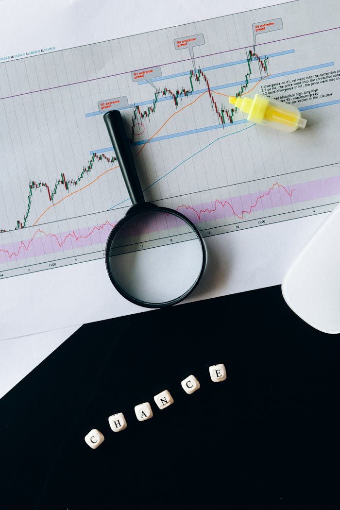 A conceptual still life of a stock chart with magnifying glass and chance text.